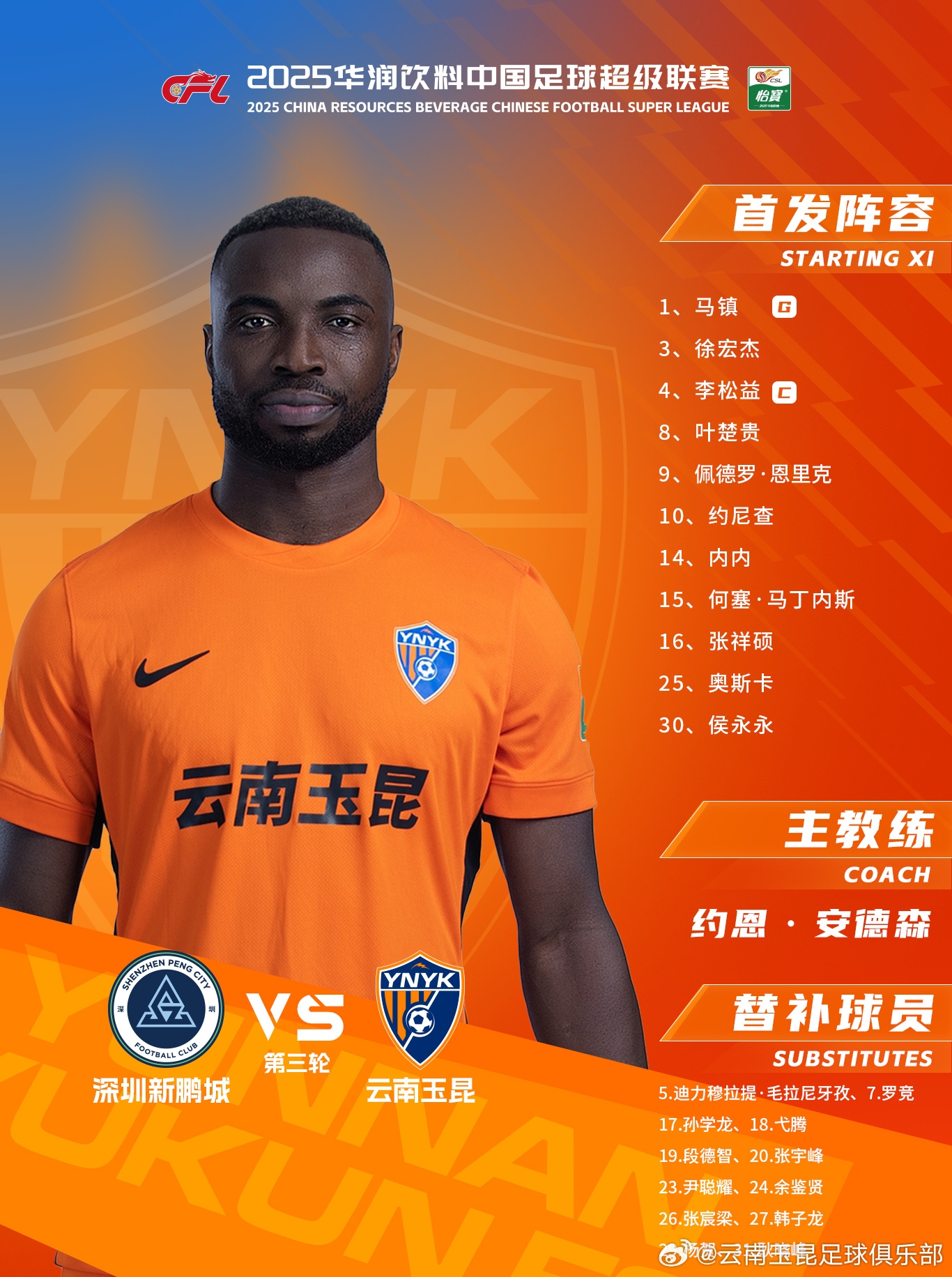 今日云南玉昆阵容出炉!